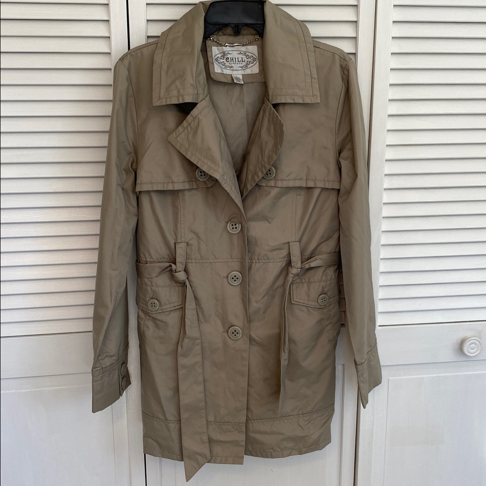 Chill Couture Women's Sz Lg Beige Khaki Trench Coat Belted Waterproof Pockets